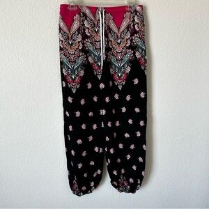 Boho Black and Pink Patterned Lightweight Baggy Pants